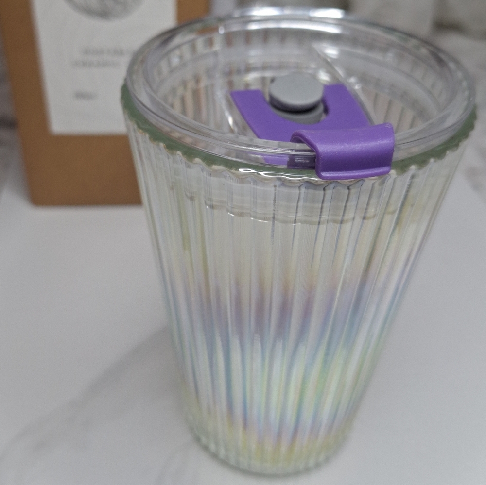 Iridescent Purple Ribbed Fluted Glass Tumbler | 12oz with Sip/Straw Lid
